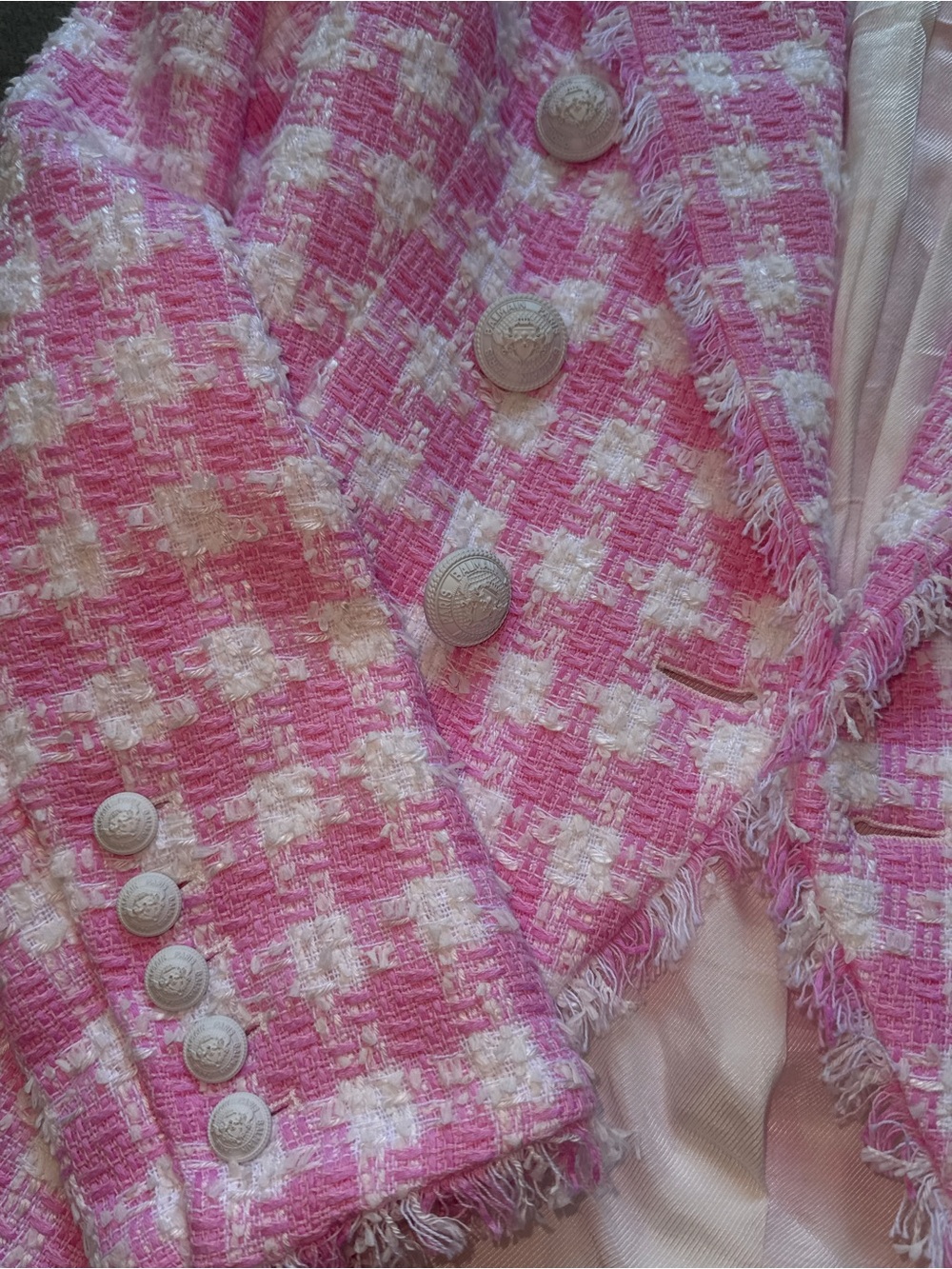 Balmain Pink & White Tweed Double-Breasted Blazer - Picture 2 of 8